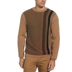 Perry Ellis Men Placed Vertical Stripe Textured Crewneck Sweater Camel Heather L
